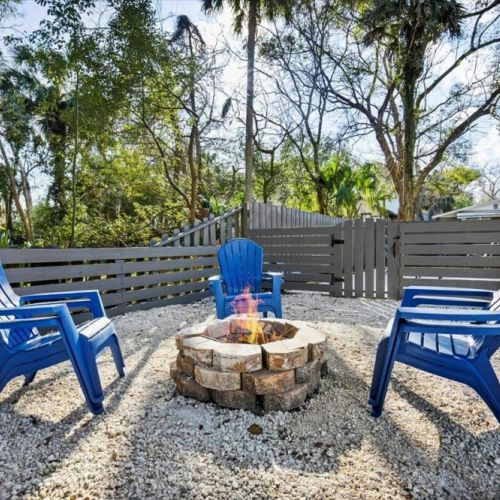 Fire pit with 6 adult chairs and 2 children chairs